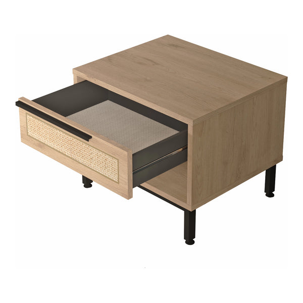 Comodino Kvænangen con Cassetto e Scomparto Aperto - Effetto Rovere / Rattan [en.casa]