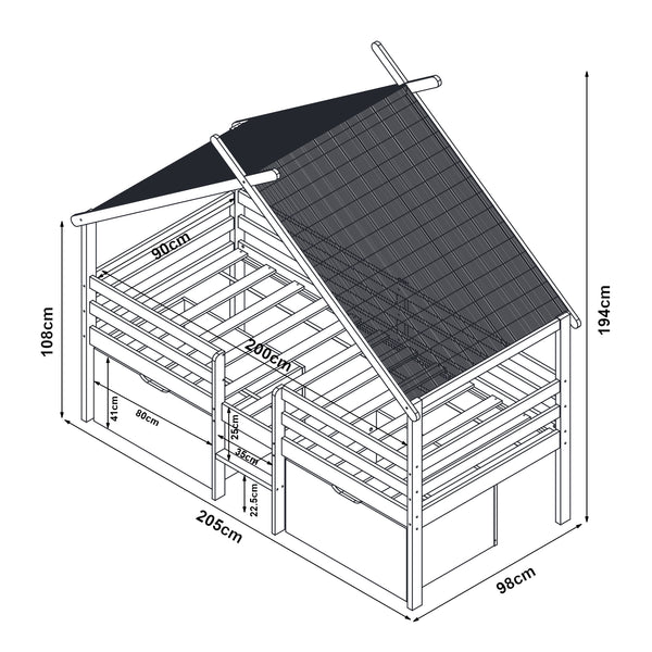 Letto a soppalco Surnadal 90x200 cm Legno di pino Bianco/Naturale [en.casa]