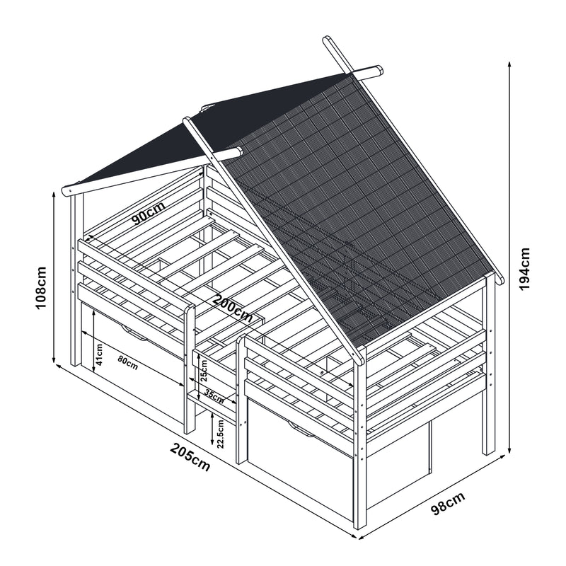 Schizzo in scala Letto Casetta per Bambini Surnadal 90x200 cm in Legno di Pino con Cassetti e Sbarre [en.casa] 
