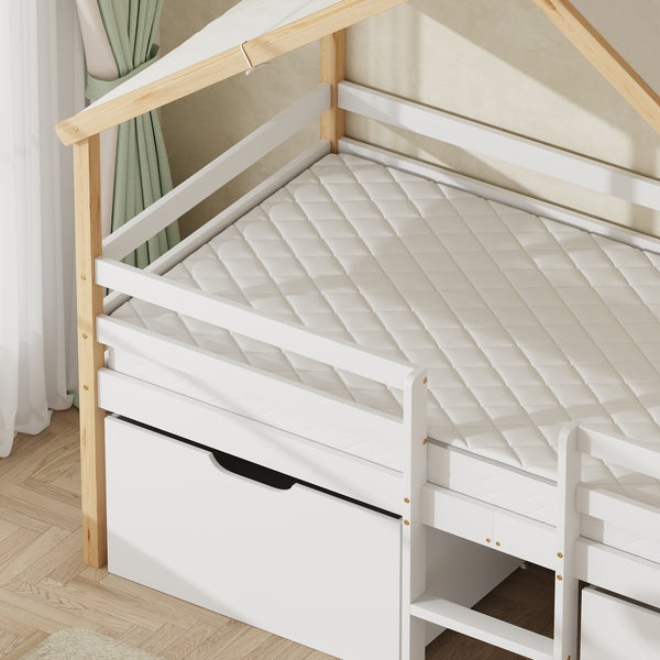 Letto Casetta per Bambini Surnadal 90x200 cm in Legno di Pino con Cassetti e Sbarre [en.casa] 
