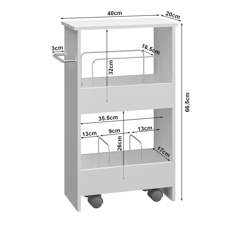 Schizzo in scala Carrello da Cucina Katra a Ruote con Ripiani 67 x 40 x 20 cm - Bianco [en.casa]