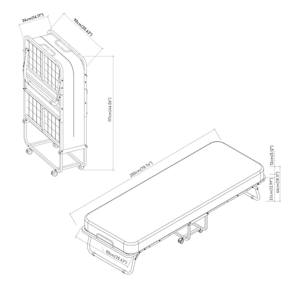 Letto Pieghevole Borjavle con Materasso in Schiuma a Memoria 90x200 cm Brandina Singola con Rotelle [en.casa] 