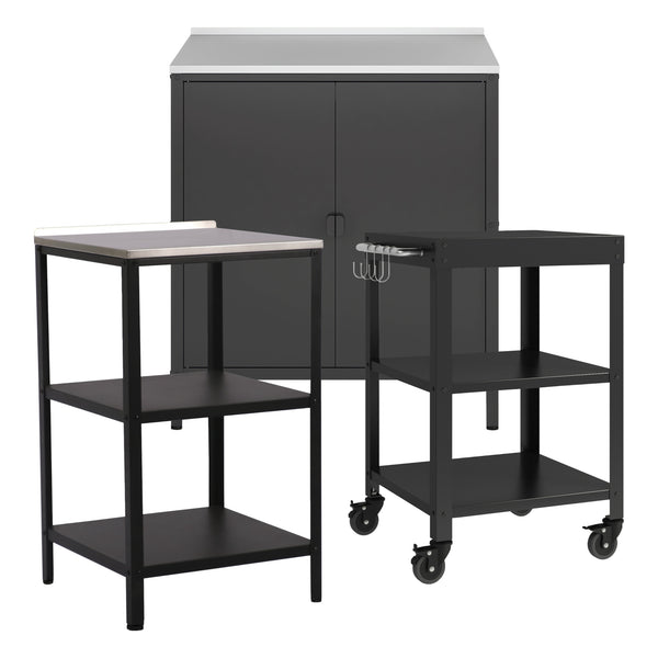 Set Bolognano Mobili da Esterno in Acciaio - Bancone Armadietto e Carrello Portavivande - Nero opaco casa.pro