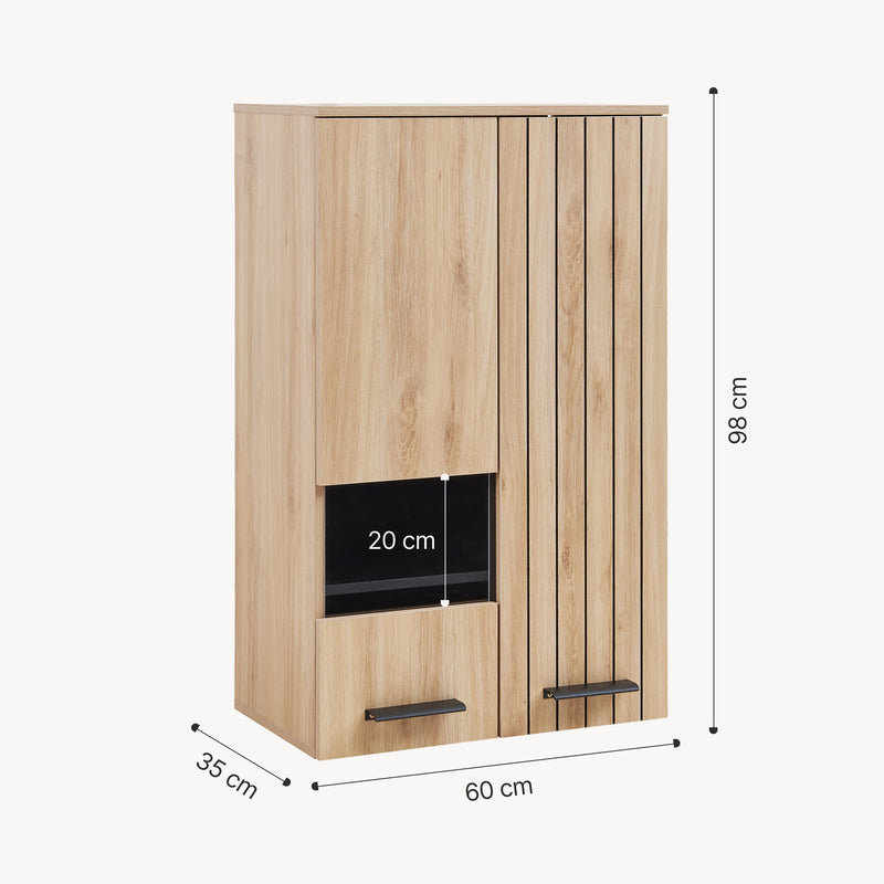 Schizzo in scala Mobile Pensile Noppen a Parete con 2 Ante e Finestrella 98 x 60 x 35 cm - Effetto Rovere [en.casa]