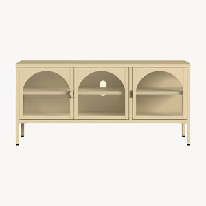 Vetrina Bassa Klippestad a 3 Ante in Vetro Credenza con 4 Scomparti 118 x 35 x 55 cm - Color Cammello [en.casa]

