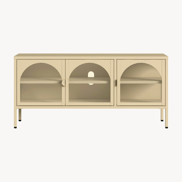 Vetrina Bassa Klippestad a 3 Ante in Vetro Credenza con 4 Scomparti 118 x 35 x 55 cm - Color Cammello [en.casa]

