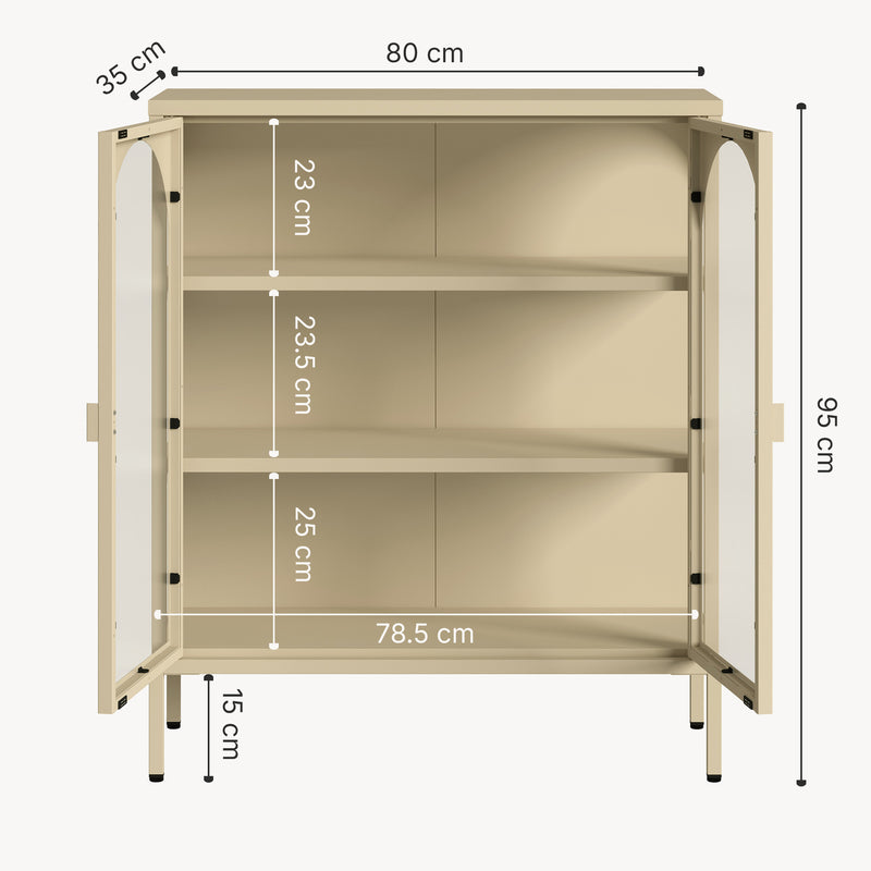 Schizzo in scala Vetrina Klippestad a 2 Ante in Vetro Credenza con 3 Scomparti 95 x 80 x 35 cm - Color Cammello [en.casa]