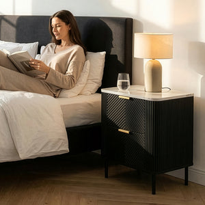 Set di 2 Comodini Olvehok con 2 Cassetti 55 x 52 x 38 cm - Nero / Effetto Marmo Bianco [en.casa] 
