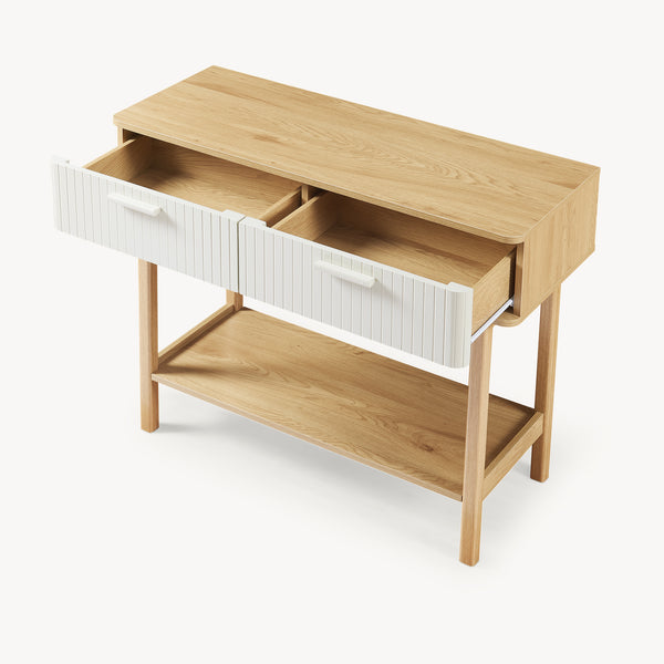 Tavolo a Consolle Ferrersp con 2 Cassetti e Ripiano 100 x 40 x 80 cm - Effetto Rovere / Avena Oatmeal [en.casa]