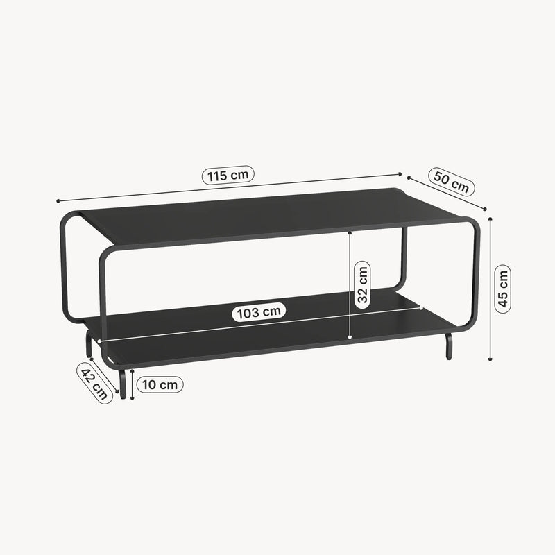 Schizzo in scala Tavolino da Salotto Færder in Acciaio con Doppio Ripiano 115x50x45 cm Nero opaco [en.casa]