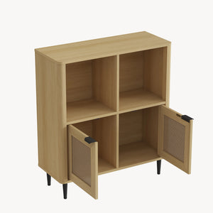 Mobile Contenitore Lukhomso a 2 Ante con Inserto Intreccio e 4 Scomparti 85 x 75 x 30 cm - Effetto Rovere/Rattan [en.casa]