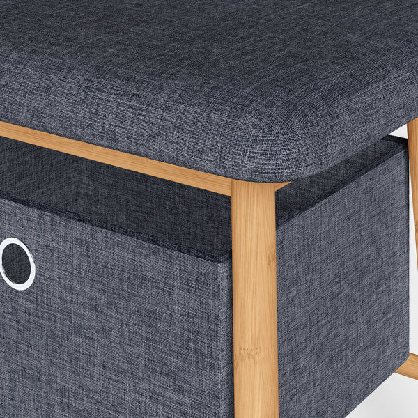 Panca da Scarpe Vad con Seduta Imbottita e 2 Contenitori in Tessuto 90 x 30 x 45 cm - Bambù Naturale / Grigio