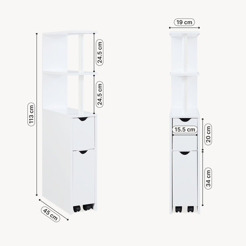 Schizzo in scala Scaffale da Bagno Fadeskimma Mobile Contenitore con Ripiani Cassetto e Scomparto Estraibile 113 x 19 x 45 cm - Bianco [en.casa] 