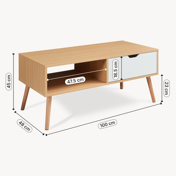 Tavolino Centrale da Caffè Bordkak con Cassetto 100 x 48 x 45 cm - Effetto Rovere / Bianco [en.casa]