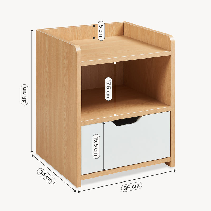 Schizzo in scala Comodino Bordkak con Cassetto e Scomparto Aperto 45 x 36 x 34 cm - Effetto Rovere / Bianco [en.casa]