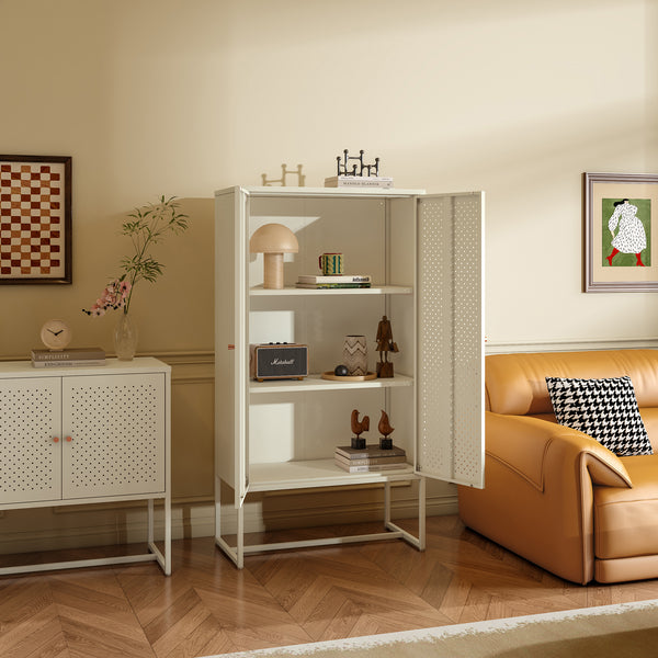 Mobile Contenitore Viitasaari Credenza Alta a 2 Ante e Ripiani 150 x 80 x 40 cm - Bianco Crema [en.casa]