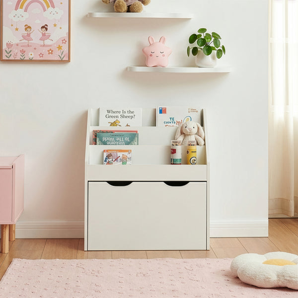 Libreria a Scaletta Sirlstalo per Cameretta Scaffale con 3 Scomparti e Cassetto a Rotelle 70 x 63 x 30 cm - Bianco [en.casa] 