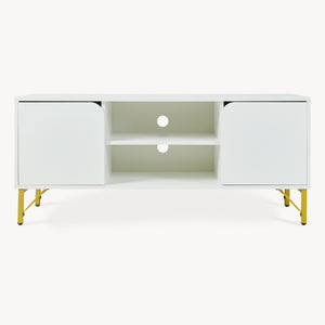 Mobile Porta TV Reyri a 2 Ante e 2 Vani Aperti 120 x 39 x 52 cm - Bianco/Dorato [en.casa]