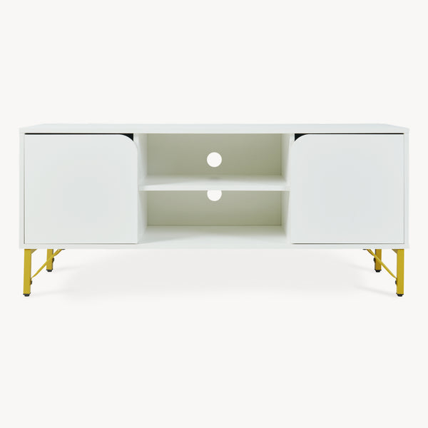 Mobile Porta TV Reyri a 2 Ante e 2 Vani Aperti 120 x 39 x 52 cm - Bianco/Dorato [en.casa]