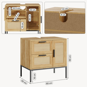 Mobile Sottolavabo Marhasa con Cassetto e 2 Scomparti 60 x 60 x 40 cm - Effetto Rovere/Rattan/Nero [en.casa]