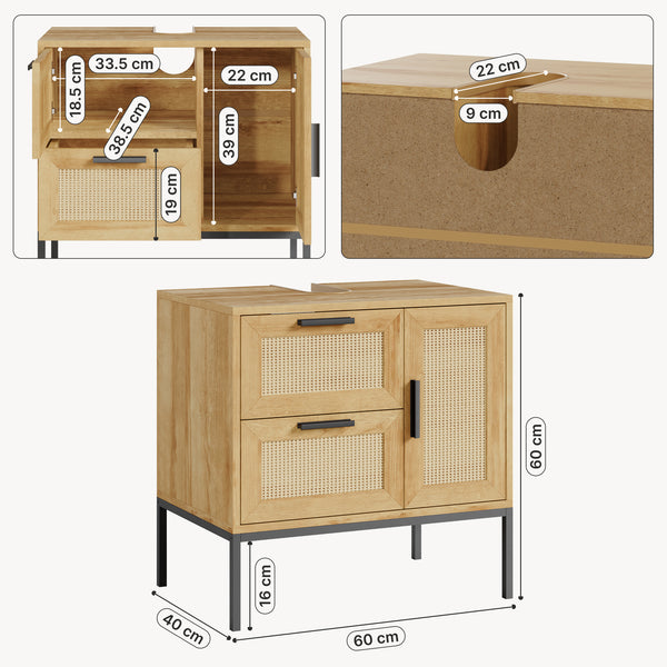 Mobile Sottolavabo Marhasa con Cassetto e 2 Scomparti 60 x 60 x 40 cm - Effetto Rovere/Rattan/Nero [en.casa]