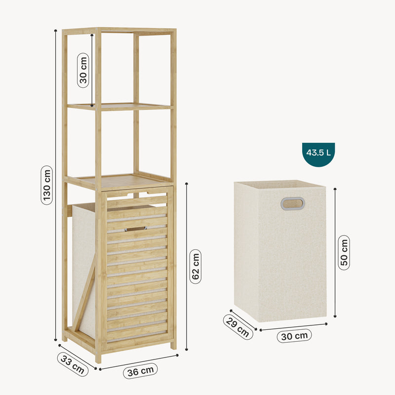 Schizzo in scala Scaffale da Bagno Anun in Bambù con Cesto Portabiancheria Rimovibile 130x36x33 cm - Effetto Legno [en.casa]