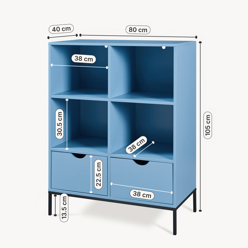 Schizzo in scala Libreria Colwyn a 4 Ripiani e 2 Cassetti Scaffale da Terra 105 x 80 x 40 cm - Blu [en.casa]