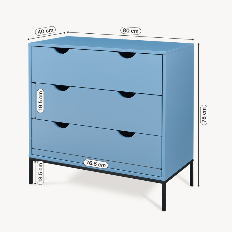 Schizzo in scala Comò a 3 Cassetti Colwyn Cassettiera Mobile Contenitore 78 x 80 x 40 cm - Blu [en.casa]