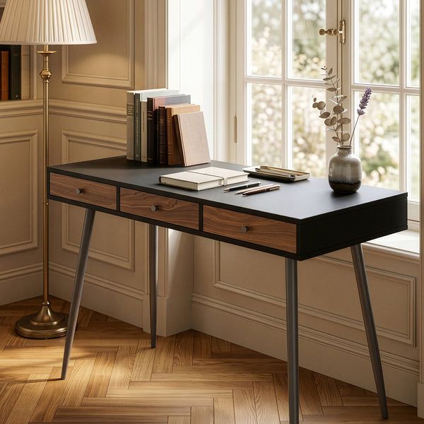 Scrivania Tumba con 3 Cassetti 115 x 48 x 76 cm - Nero/Effetto Noce [en.casa]