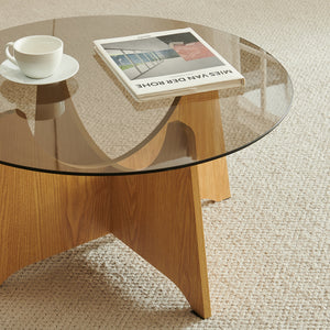 Tavolino da Salotto Omlar con Piano Rotondo in Vetro Fumé Ø70 x 35 cm - Effetto Rovere/Grigio Fumo [en.casa]