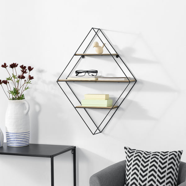 [en.casa] Mensola da Parete a Forma di Diamante a 3 Ripiani 47 x 12 x 64 cm Scaffale da Muro in Metallo e Legno Portaoggetti