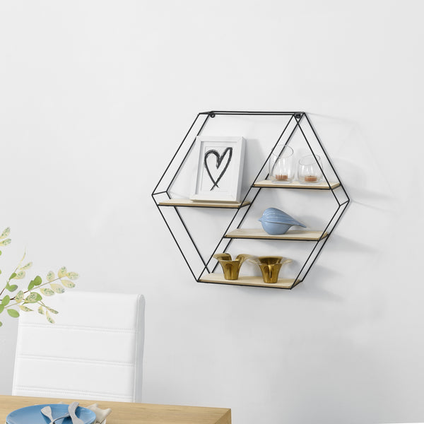 Mensola da parete Flint 62x12x53 cm a nido d'ape con 4 ripiani Nero en.casa