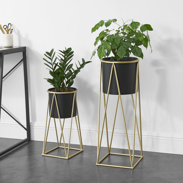 Set Lennik di 2 Supporti per Piante con Coprivaso in Metallo - Colore Rame / Nero [en.casa]