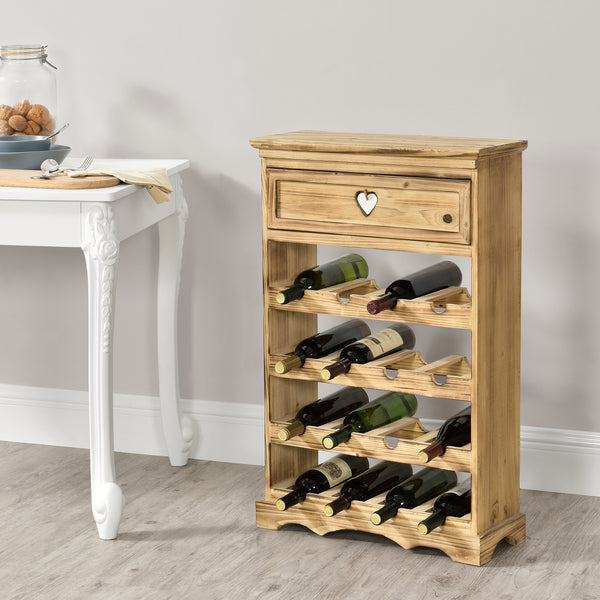 Mobile Portabottiglie con Cassetto 86 x 55 x 22 cm Cantinetta in Legno di Pino per 16 bottiglie Bancone Portabottiglie da Vino con 4 Ripiani in Design Classico