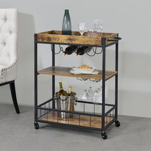 Carrello di Servizio con Vassoio Rimovibile e Ripiani in Color Legno Scuro Scaffale/Portavivande da Cucina/Mense con 4 Ruote Catering Ristorazione