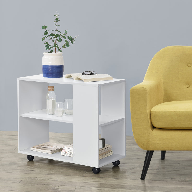 Schizzo in scala Tavolino Laterale Alvdalen con Ripiano e Rotelle 60 x 70 x 35 cm - Bianco [en.casa] 