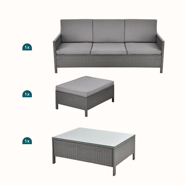 Set Mobili da Giardino Murcia in Polyrattan Tavolino Divano Pouf con Cuscini - Grigio [en.casa]