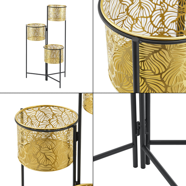 Porta Vasi da Interno Portapiante Stand per Piante con 3 Coprivasi Struttura Pieghevole Nero con 3 Porta Vasi Cilindrici in Altezze Diverse Color Ottone [en.casa]