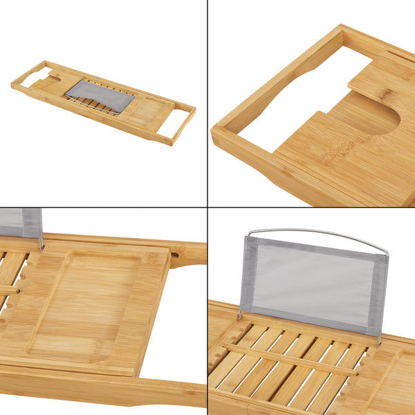 Mensola Allungabile per Vasca da Bagno 'Orivesi' Vassoio in Bambù con Porta Tablet, Porta Cellulare, Porta Calice [en.casa] 