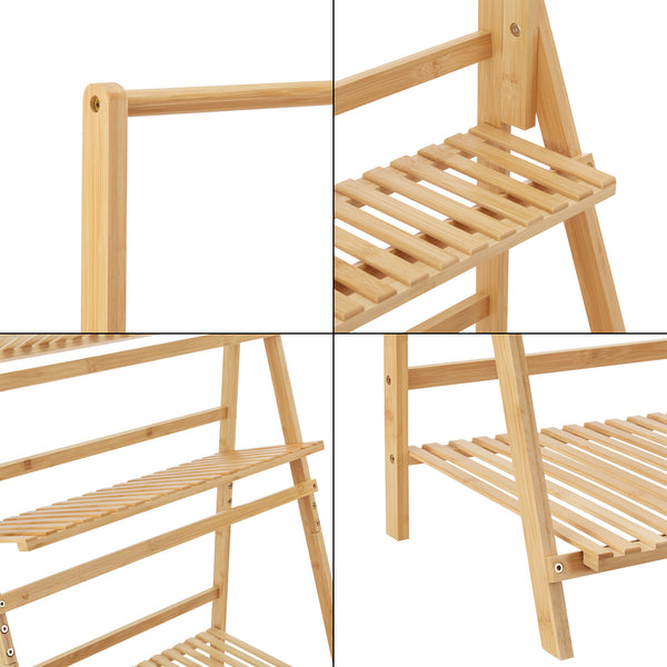 Scaffale Portapiante 'Brändö' in bambù a Forma di Scala a 3 Ripiani e Barra per Vasi Sospesi [en.casa]