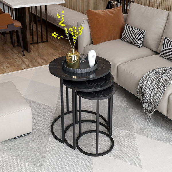 Set di 3 Tavolini Bassi 'Frederiksværk' Sovrapponibili con Piani Rotondi in Effetto Marmo Nero [en.casa]