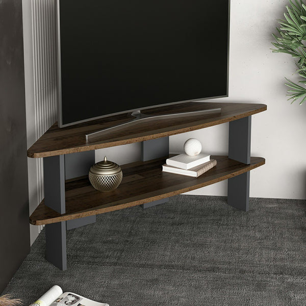 Mobile Angolare Porta TV 'Fredensborg' a 2 Ripiani - Effetto Legno Intarsiato / Antracite [en.casa]