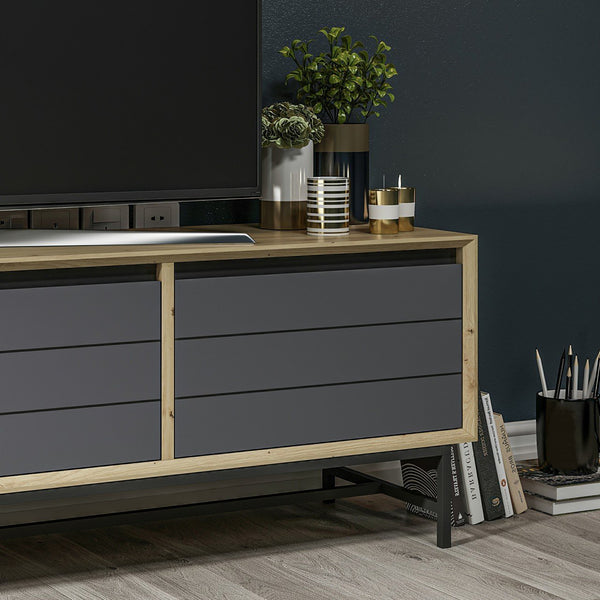 Mobile Basso Porta TV 'Gørlev' Armadietto con 3 Ante a Ribalta - Rovere Artisan / Antracite [en.casa]