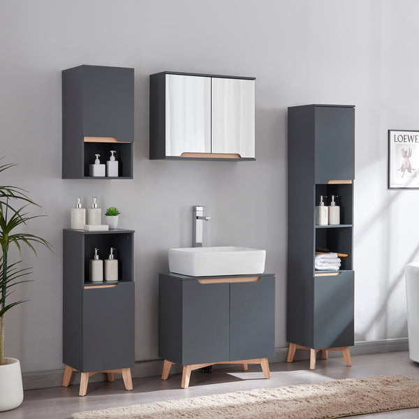 Armadietto Pensile Gescher con 2 Ante a Specchio - Grigio / Effetto Legno [en.casa] 