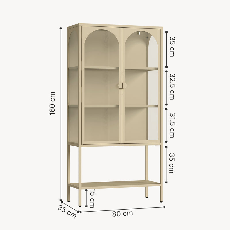 Schizzo in scala Vetrina Klippestad Credenza Alta a 2 Ante in Vetro e Ripiano Aperto 160 x 80 x 35 cm - Color Cammello [en.casa]