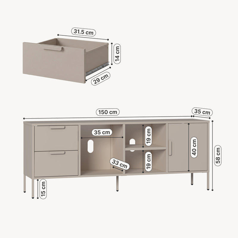 Schizzo in scala Mobile TV Kliri con 2 Cassetti Scomparti e Anta 150 x 35 x 58 cm in Acciaio - Color Cammello [en.casa]