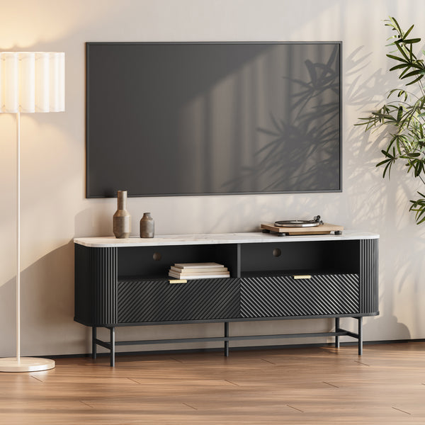 Mobile Porta TV Olvehok con Cassetti e Scomparti Aperti 140x40x55cm Nero / Effetto Marmo Bianco [en.casa] 