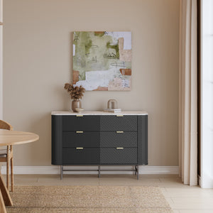Comò a 6 Cassetti Olvehok Cassettiera 120 x 40 x 81 cm - Nero/Effetto Marmo Bianco [en.casa]