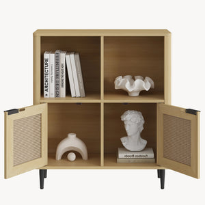Mobile Contenitore Lukhomso a 2 Ante con Inserto Intreccio e 4 Scomparti 85 x 75 x 30 cm - Effetto Rovere/Rattan [en.casa]