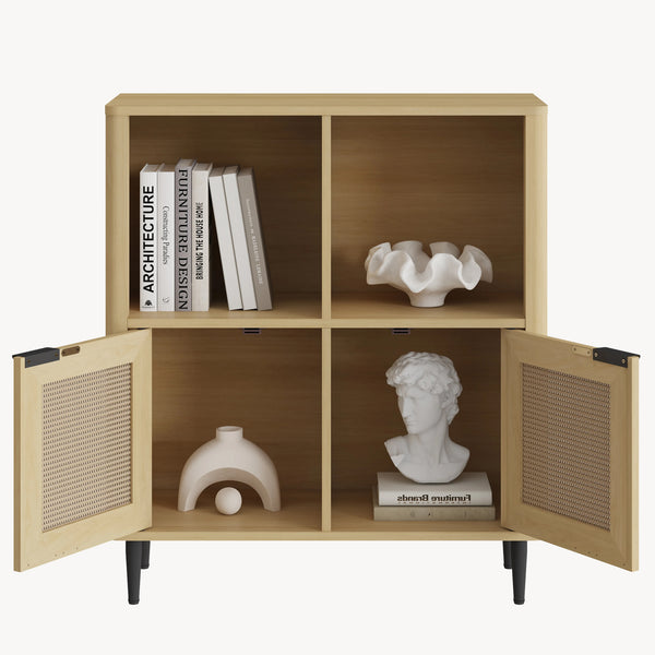 Mobile Contenitore Lukhomso a 2 Ante con Inserto Intreccio e 4 Scomparti 85 x 75 x 30 cm - Effetto Rovere/Rattan [en.casa]